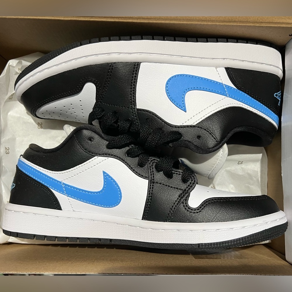 Women’s Jordan 1 Low Black University Blue- White Size 7.5; worn once for photos